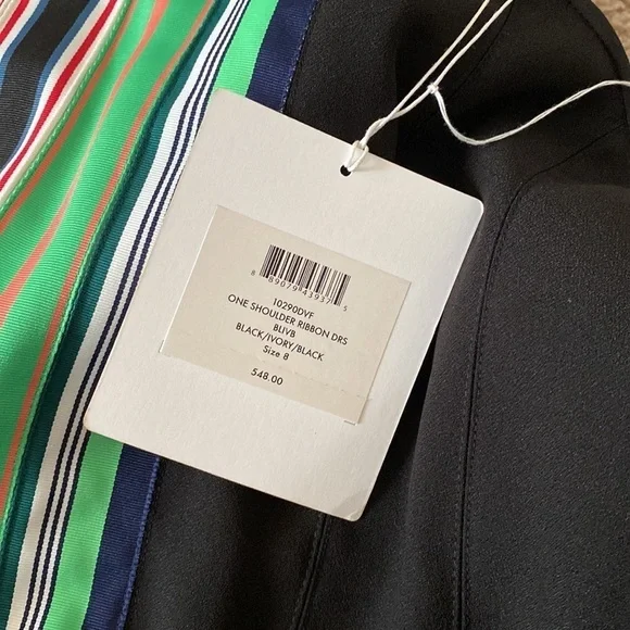 Diane Von Furstenberg- NWT Multicolored Stripe One Shoulder Pleated Mini Dress - Picture 5 of 8